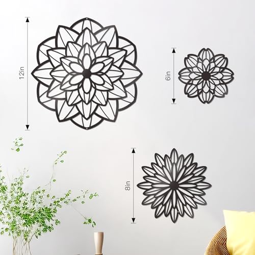 Black Metal Flower Wall Art Set - 3 Piece Decor for Home & Office