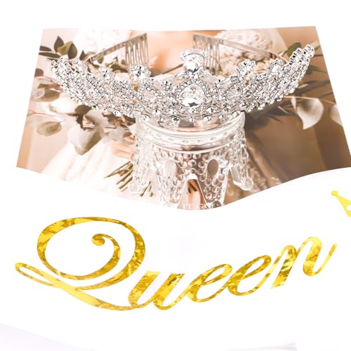 BAHABY Silver Prom Queen Sash & Tiara Set - Graduation & Wedding Party Accessories, 01 Silver