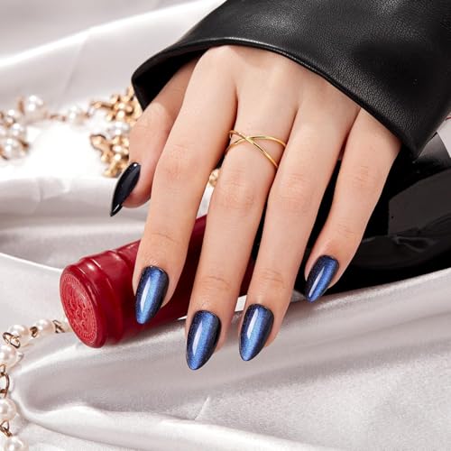 VSALON Almond Short Press on Nails Mini Pack - Dark Blue Cat Eye