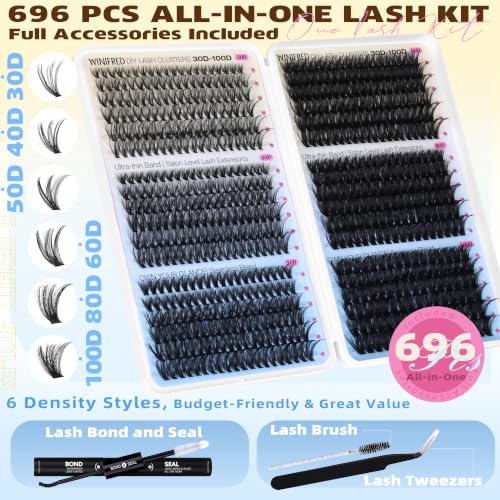 Winifred Lash Clusters Kit A-30D/40D/50D/60D/80D/100D 696 Pcs Eyelash Extensions