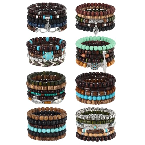 SONNYX 43Pcs Gothic Wooden Beaded Bracelets for Men