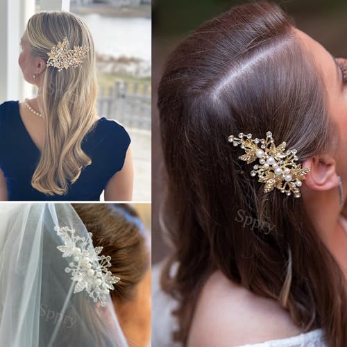 Gold Rhinestone Pearl Alligator Hair Clips Set of 2 for Weddings