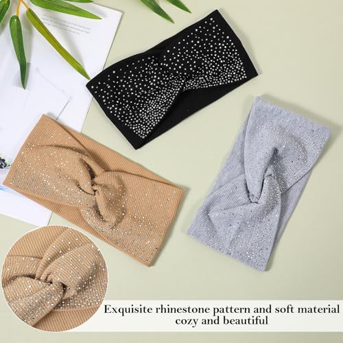 MBAIYO 3-Pack Sparkly Crystal Headbands - Elastic Rhinestone Wide Headbands in Black, Khaki, Light Gray