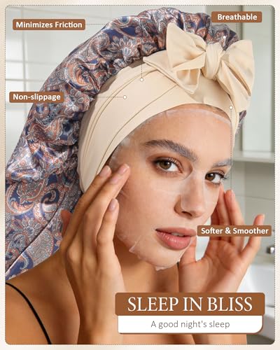 AWAYTR Long Satin Bonnet for Sleeping - Cashew Flower Reversible Sleep Cap
