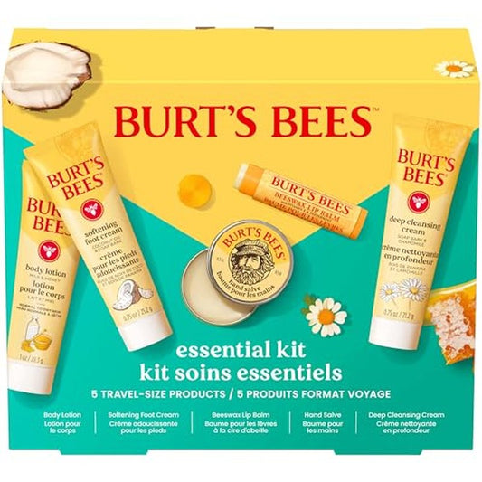 Burt's Bees Mothers Day Gifts Ideas - Essentials Everyday Set, 5 Travel Size Products - Deep Cleansing Cream, Hand Salve, Body Lotion, Foot Cream and Original Lip Balm