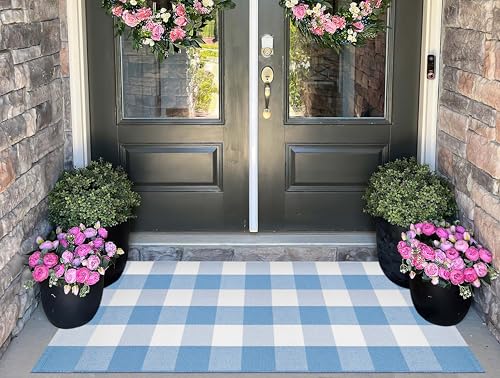 BUAGETUP 24x51 Light Blue Buffalo Plaid Outdoor Rug - Washable Doormat for Entryway