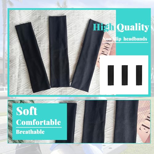 Non-Slip Black Headbands for Women - 3 Pack Elastic Sports Hairbands