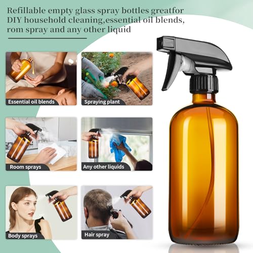 16oz Amber Glass Spray Bottles with Adjustable Nozzle - Refillable Cleaning and Essential Oil Sprays