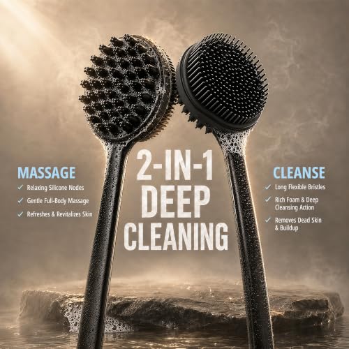CYMPHW Black Silicone Back Scrubber with 17-Inch Long Handle - Double-Sided Body Brush