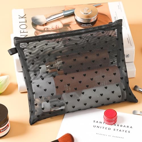TRAKWAN 4-Piece Heart Mesh Makeup & Toiletry Bag Set - Black Travel Organizer