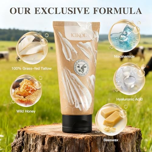 ICIKOL Grass-Fed Beef Tallow and Honey Balm for Face and Body - 5.3 Oz