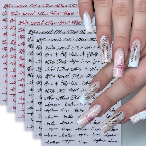 Sxidrosck English Letter Nail Stickers 6 Sheets 3D Self-Adhesive Black Red Cursive Word Design for Nail Art DIY