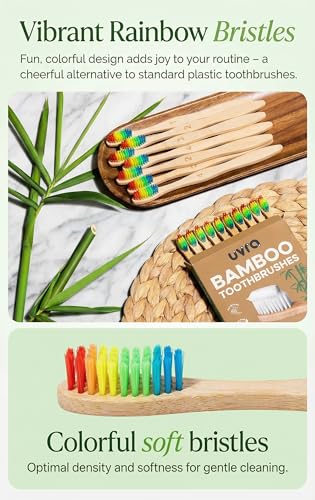 UVRA Rainbow Bamboo Toothbrush 10 Pack - Eco-Friendly Organic, Charcoal Infused Soft Bristles, Plastic-Free, Gentle for Sensitive Teeth