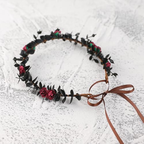 Black Rose Flower Crown for Women - Handmade Renaissance Headband
