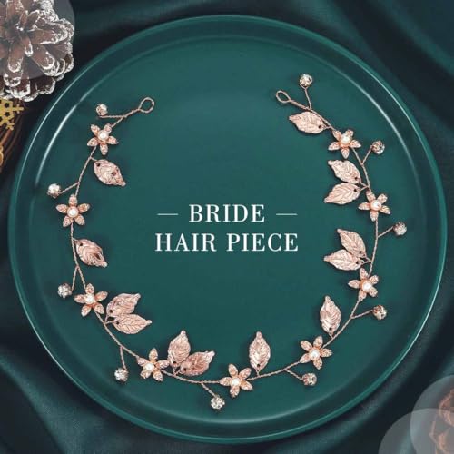 Rose Gold Wedding Hair Vine Headband - Gold Leaf Bridal Accessory