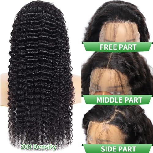 24 Inch 200 Density Deep Wave Lace Front Wigs Human Hair 13x6 HD Lace Front Wigs Human Hair Pre Plucked Brazilian Virgin Curly Human Wig Wet and Wavy Lace Frontal Wigs Natura Black Deep Wave Wig