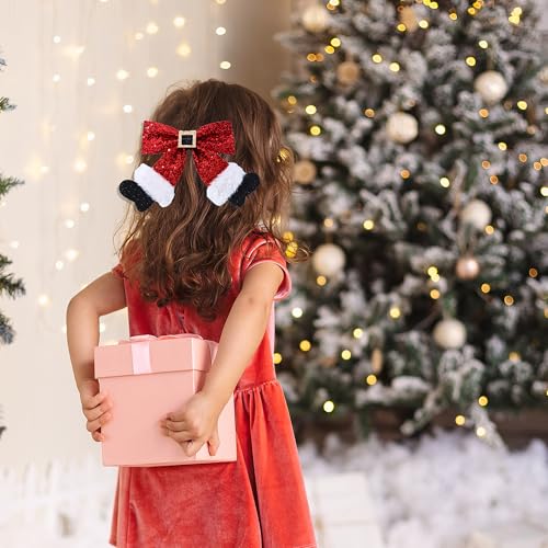 Beleki Red Glitter Christmas Hair Bow Clips for Girls & Women, Sparkly Sequin Santa Boot Style, 5 Inch Alligator Hairpin, Holiday Hair Accessories