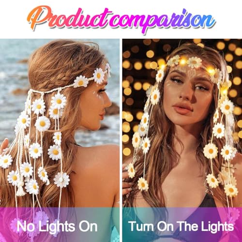 CAKURE White Boho Daisy Headband Light Up Flower Hair Accessory for Women
