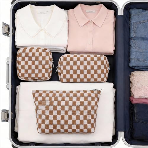FFpaw Brown 3-Piece Makeup Bag Set for Women - Travel & Organizer