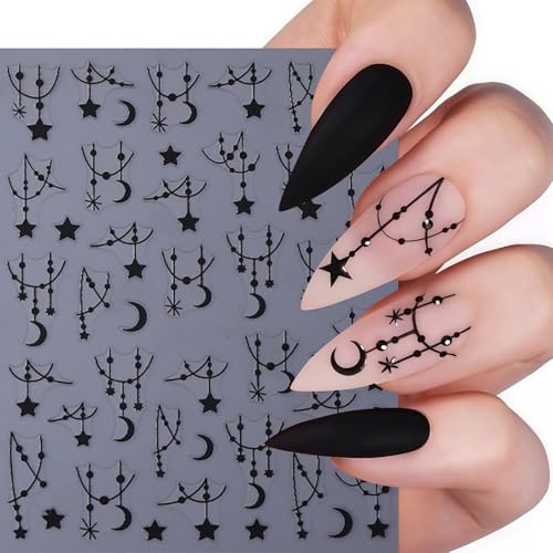 6 Sheets 3D Black Silver Star & Moon Nail Art Stickers