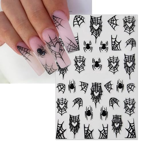 IDDFEVE Halloween Spider Web Nail Stickers – 8 Sheets Self-Adhesive Black & White 3D Nail Art Decals