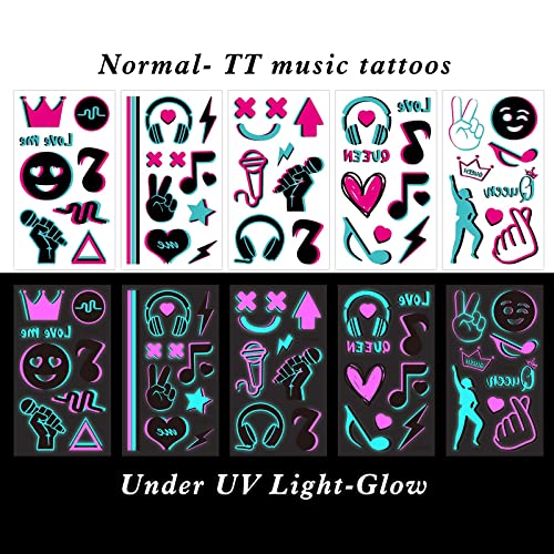 Konsait 10 Sheets Glow in the Dark Temporary Tattoos - Music Notes & Neon Designs