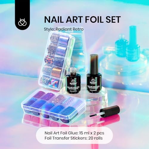 Beetles Nail Foil Art Kit - 20 Holographic Stickers & 2 Foil Glue Gels
