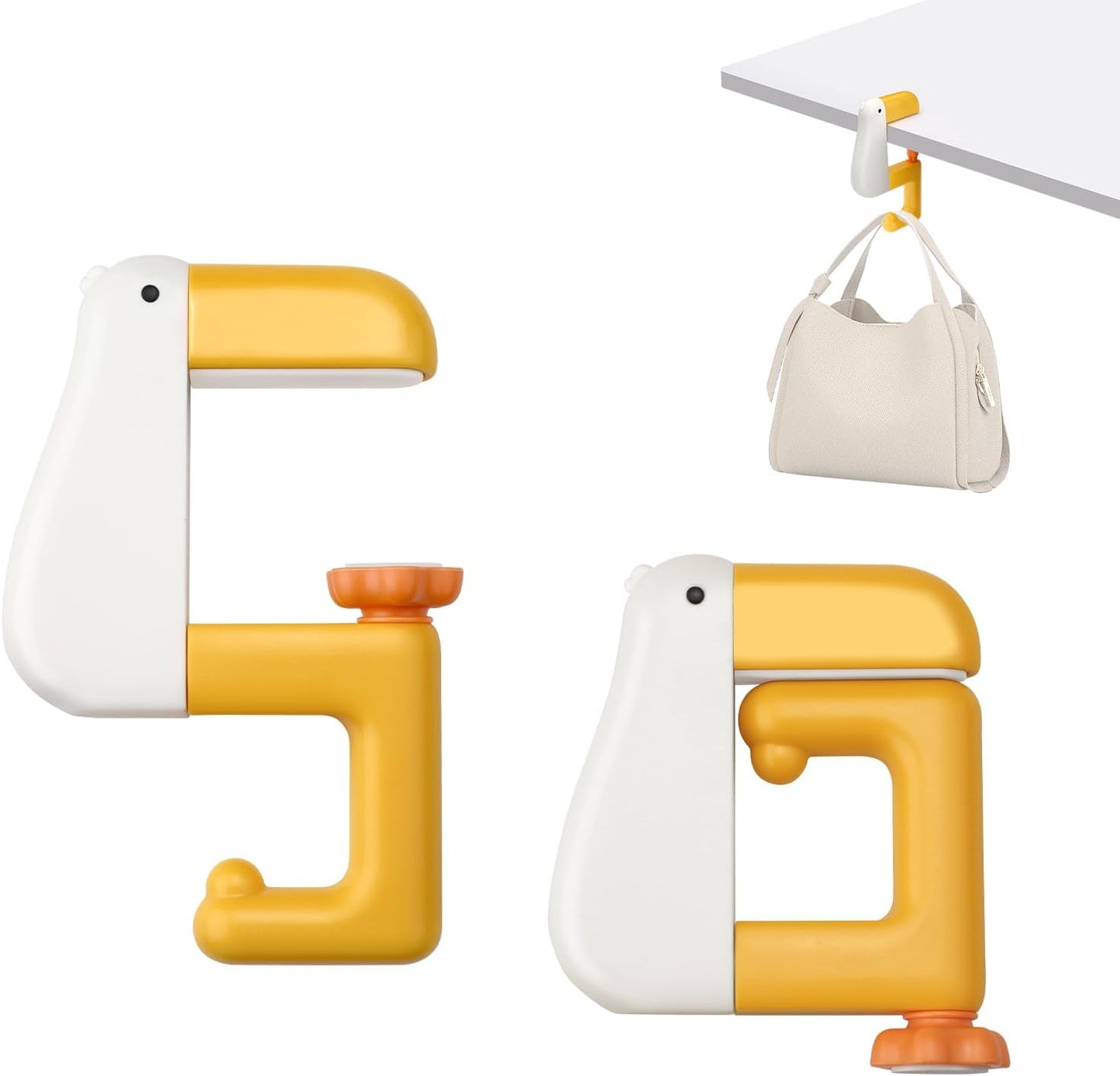 Cute Duck Shaped Purse Hook - Foldable Compact Table Holder | Adjustable Arm Clamp, Non-Slip Design, White, 2 Pieces