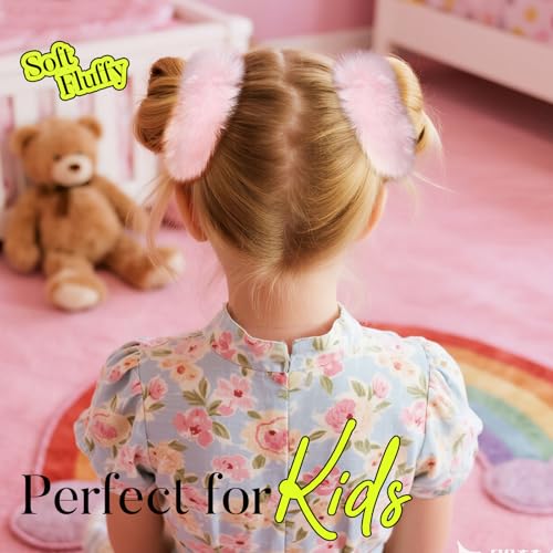 Pink Pom Pom Hair Ties - 4 Pack Furry Scrunchies for Girls & Women