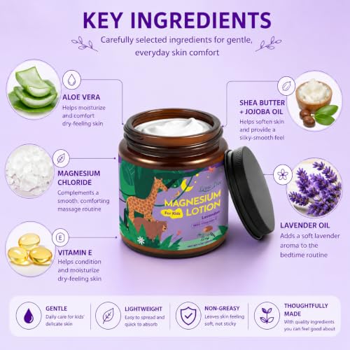 Lavender Magnesium Lotion for Kids - Non-Greasy Body Cream, 4 oz