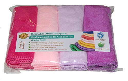EcoSol Designs Microfiber Cleaning Towels - 4 Pack with Hanging Loops in Pink Dark, Pink Light, Purple & Lavender, 12x12 Inch