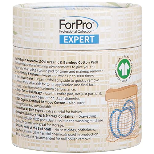 ForPro Organic Reusable Cotton Rounds with Laundry Bag - 20 Pack