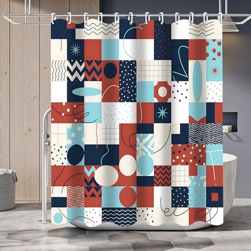 LQCOOL Geometric Patchwork Shower Curtain Set with Rugs & Hooks