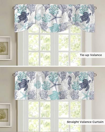 Coastal Tie Up Valance Curtains - Teal Blue 54"x18" for Kitchen & Bathroom