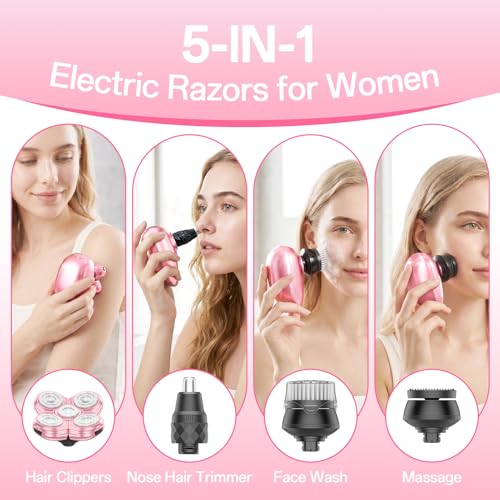 Electric Razors for Women, 5-in-1 Rechargeable Electric Shaver for Women, Waterproof Wet/Dry Womens Electric Razor, Magnetic Razor Head Womens Face Shavers for Legs, Arms, Bikini, Lips, Underarms