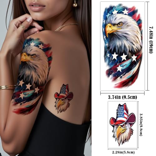 Atydkug Independence Day Temporary Tattoos for Women & Men - 77 Sheets Patriotic Body Art, 17 Large & 60 Small American Flag & Eagle Designs