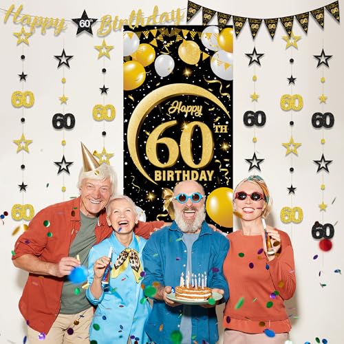60th Birthday Decorations Set - Black Gold Banner & Swirls