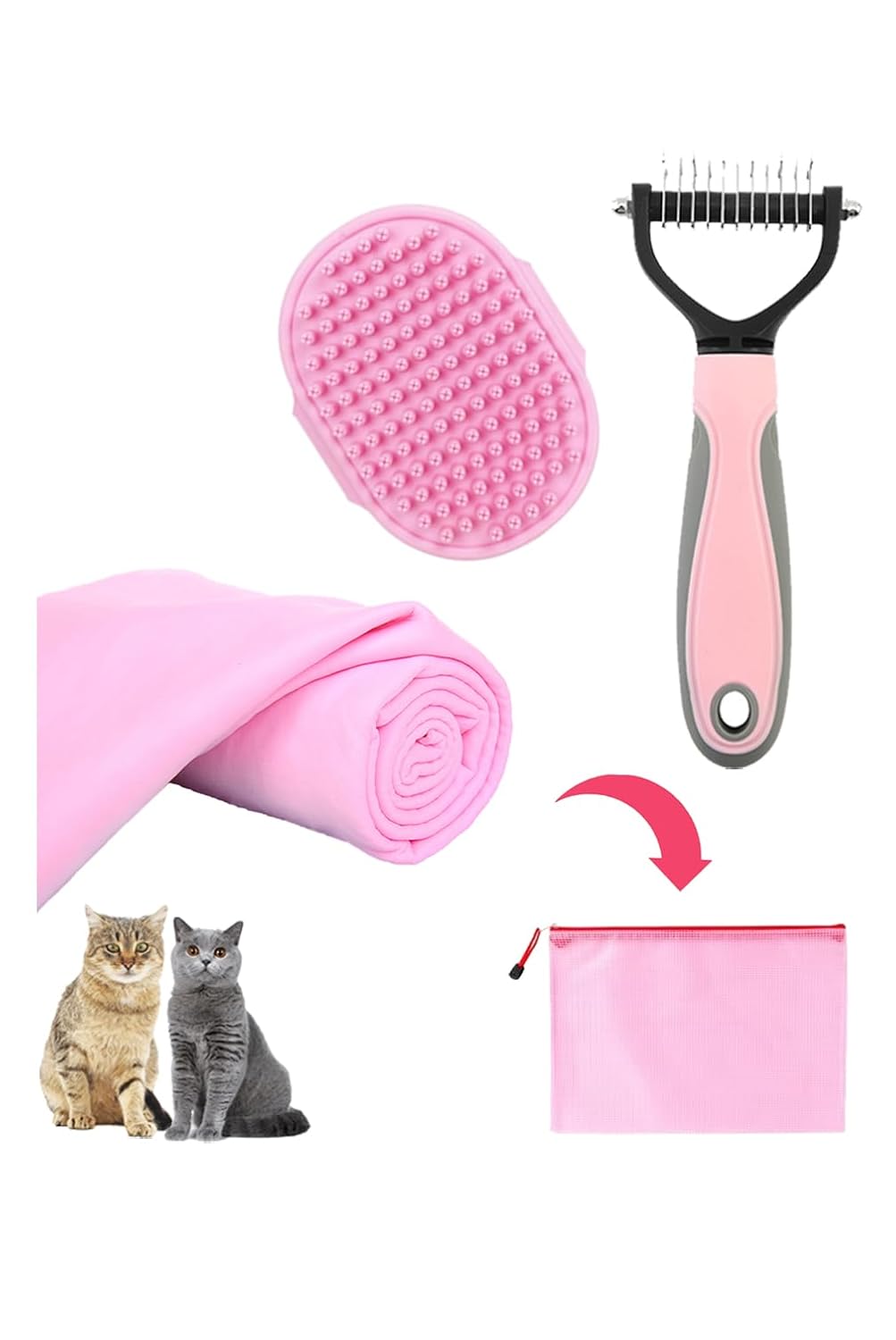 Cat Brush for Shedding - 5-Piece Set for Long-Haired Cats & Small Dogs | Pink Matted Fur Comb