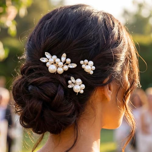 Kilshye Gold Pearl Bridal Hair Pins Pack of 3 - Wedding & Prom Hair Accessories