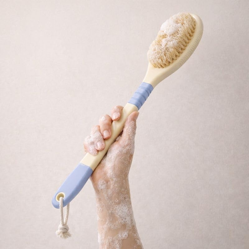 Japanese Back Scrubber with Natural Boar Bristles - Flexible Long Handle Body Brush for Showering