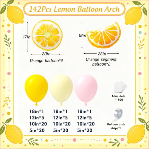 Lemon Balloon Garland Arch Kit - 142Pcs Pink & Yellow Balloons for Baby Shower & Birthday Party Decor