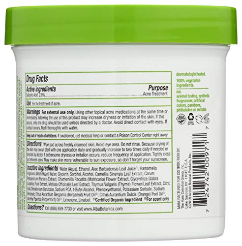 Alba Botanica AcneDote 60 Count Anti-Pimple Pads with 2% Salicylic Acid - Maximum Strength, Natural Tea Tree & Witch Hazel, Cruelty-Free