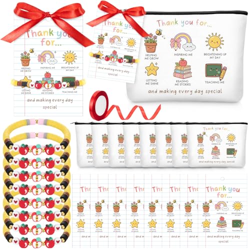 Thank You Teacher Gift Set - 8 Makeup Bags, Apple Bracelets & Cards