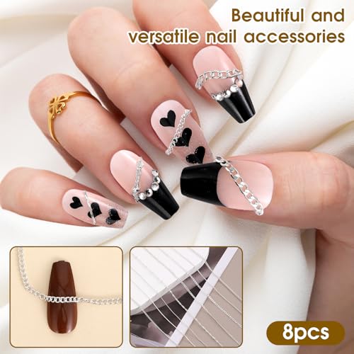 8 Silver Metal Chain Nail Art Charms - 3D DIY Punk Jewelry