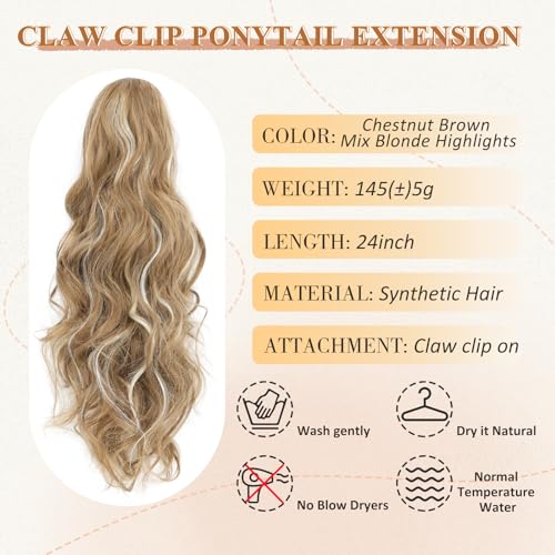 MORICA 24 Inch Curly Ponytail Extension with Claw Clip, Chestnut Brown Mix Blonde Highlights