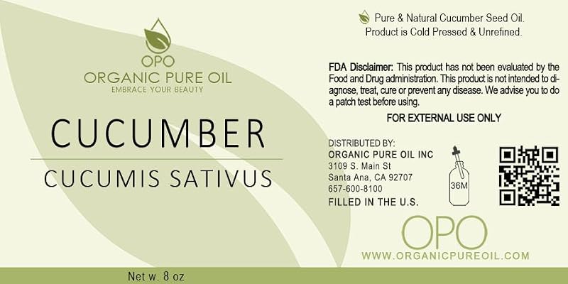 OPO Cucumber Seed Oil - 8 Fl Oz - Pure, Cold Pressed Vegan Carrier Oil for Skin & Hair