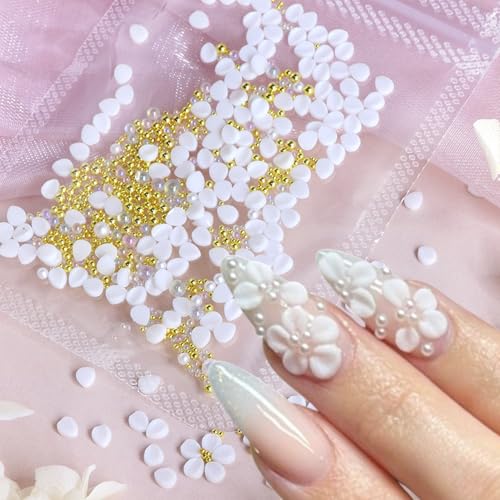 3D White Flower Nail Charms - 150 Pcs Resin Petals with Gold Pearls