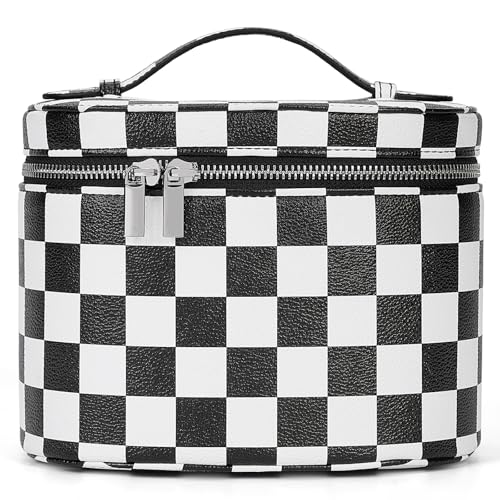 Checkered Travel Makeup Bag with Removable Divider - PU Leather Toiletry Case