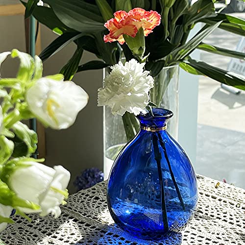 Small Blue Glass Vase for Flowers - Decorative Home Centerpiece