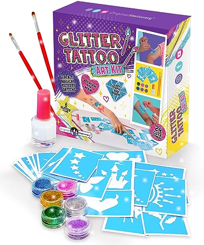 Kids Glitter Tattoo Kit 33-Piece Set for Children Ages 3-8 with Stencils & Adhesive